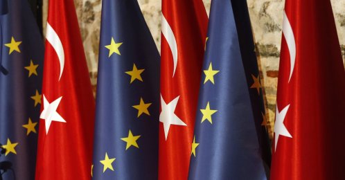 Türkiye's and European Union flags are seen prior to the opening session of a high-level meeting, Istanbul, Thursday, Feb. 28, 2019. (AP File Photo)