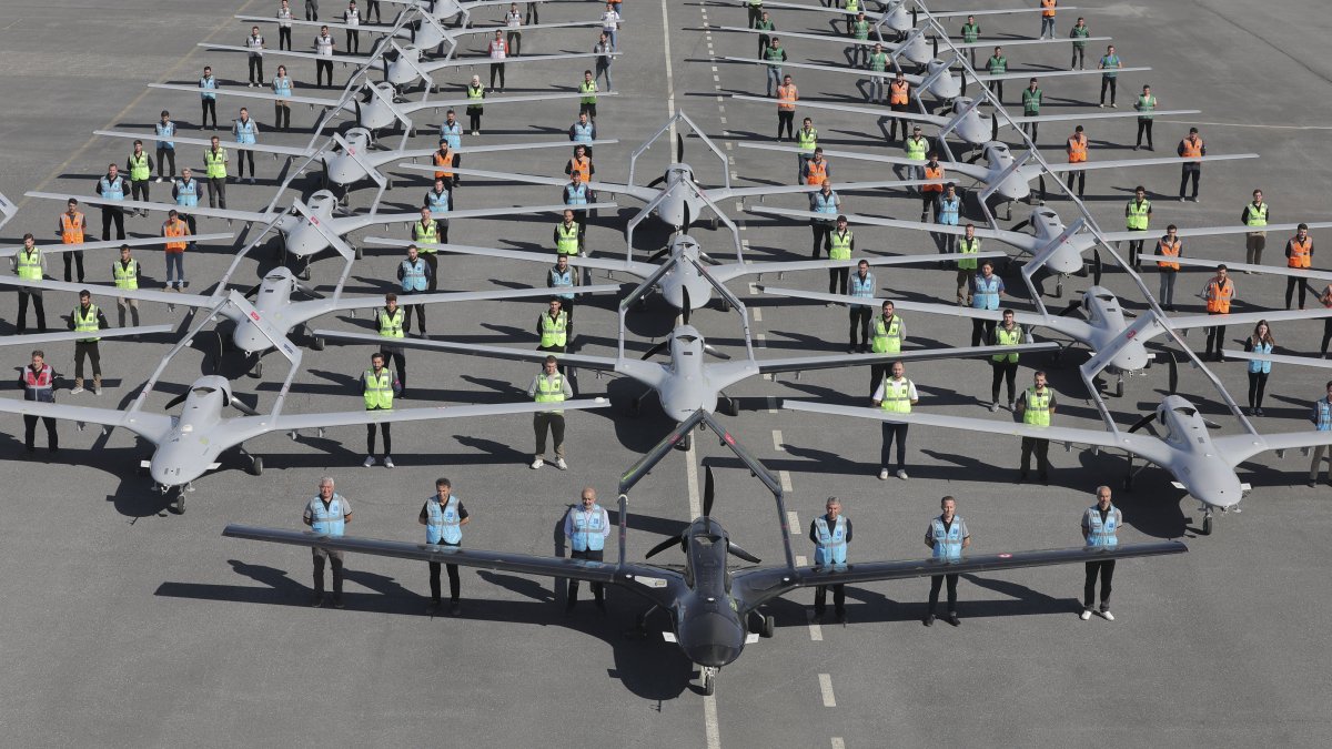 Bayraktar TB2 drones are seen on the tarmac at the training and test center of its developer Baykar in Tekirdağ’s Çorlu district, northwestern Türkiye, Oct. 14, 2023. (AA Photo)