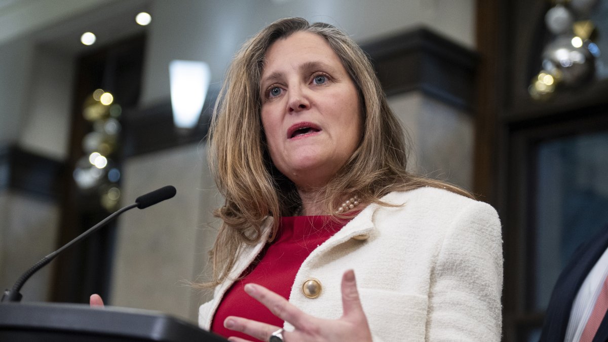 Minister of Finance and Deputy Prime Minister Chrystia Freeland delivers remarks on Parliament Hill in Ottawa, Ontario, Wednesday, Dec. 11, 2024. (Spencer Colby/The Canadian Press via AP)