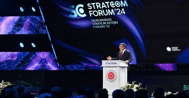 Vice President Cevdet Yılmaz speaks at a panel at Stratcom Summit 24, Istanbul, Türkiye, Dec. 13, 2024. (AA Photo)