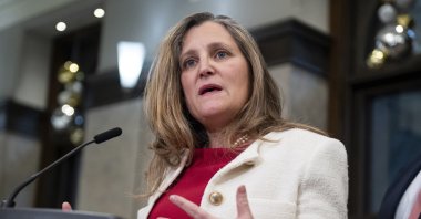 Minister of Finance and Deputy Prime Minister Chrystia Freeland delivers remarks on Parliament Hill in Ottawa, Ontario, Wednesday, Dec. 11, 2024. (Spencer Colby/The Canadian Press via AP)