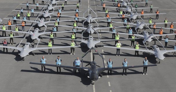 Bayraktar TB2 drones are seen on the tarmac at the training and test center of its developer Baykar in Tekirdağ’s Çorlu district, northwestern Türkiye, Oct. 14, 2023. (AA Photo)