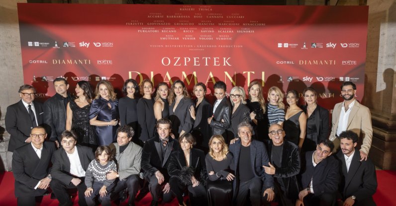 The cast of "Diamanti" poses together on the red carpet at the premiere at The Space Moderno Cinema, Rome, Italy, Dec. 12, 2024. (AA Photo)