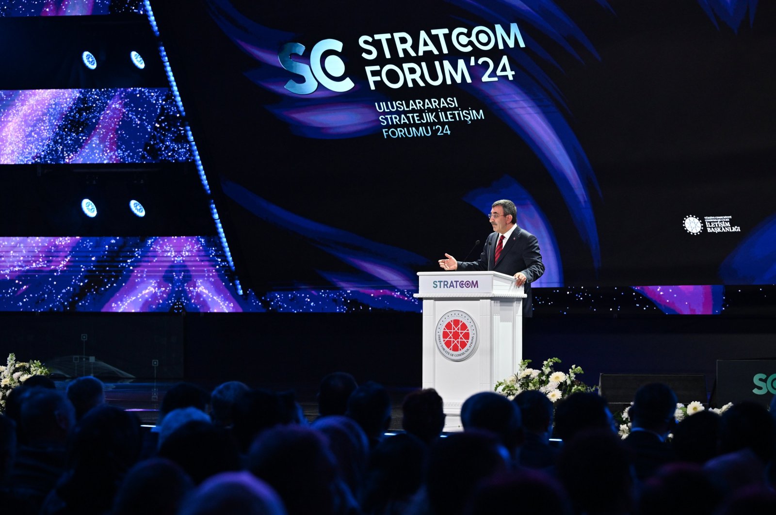 Vice President Cevdet Yılmaz speaks at a panel at Stratcom Summit 24, Istanbul, Türkiye, Dec. 13, 2024. (AA Photo)