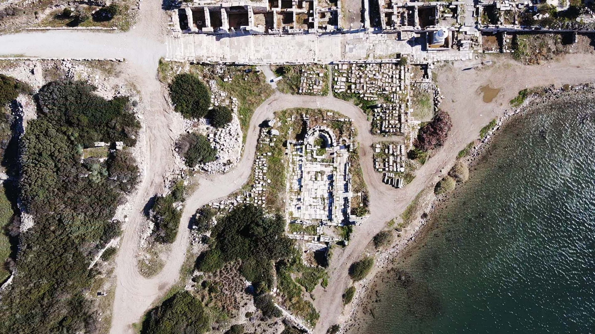 An aerial view of the ancient city of Knidos and the newly restored 2,600-year-old Great Church, Muğla, Türkiye, Dec. 15, 2024. (AA Photo)