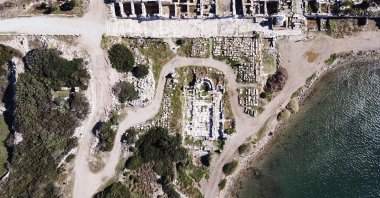 An aerial view of the ancient city of Knidos and the newly restored 2,600-year-old Great Church, Muğla, Türkiye, Dec. 15, 2024. (AA Photo)