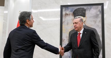 President Recep Tayyip Erdoğan (R) shakes hands with U.S. Secretary of State Antony Blinken, in the capital Ankara, Türkiye, Dec. 12, 2024. (Reuters Photo)