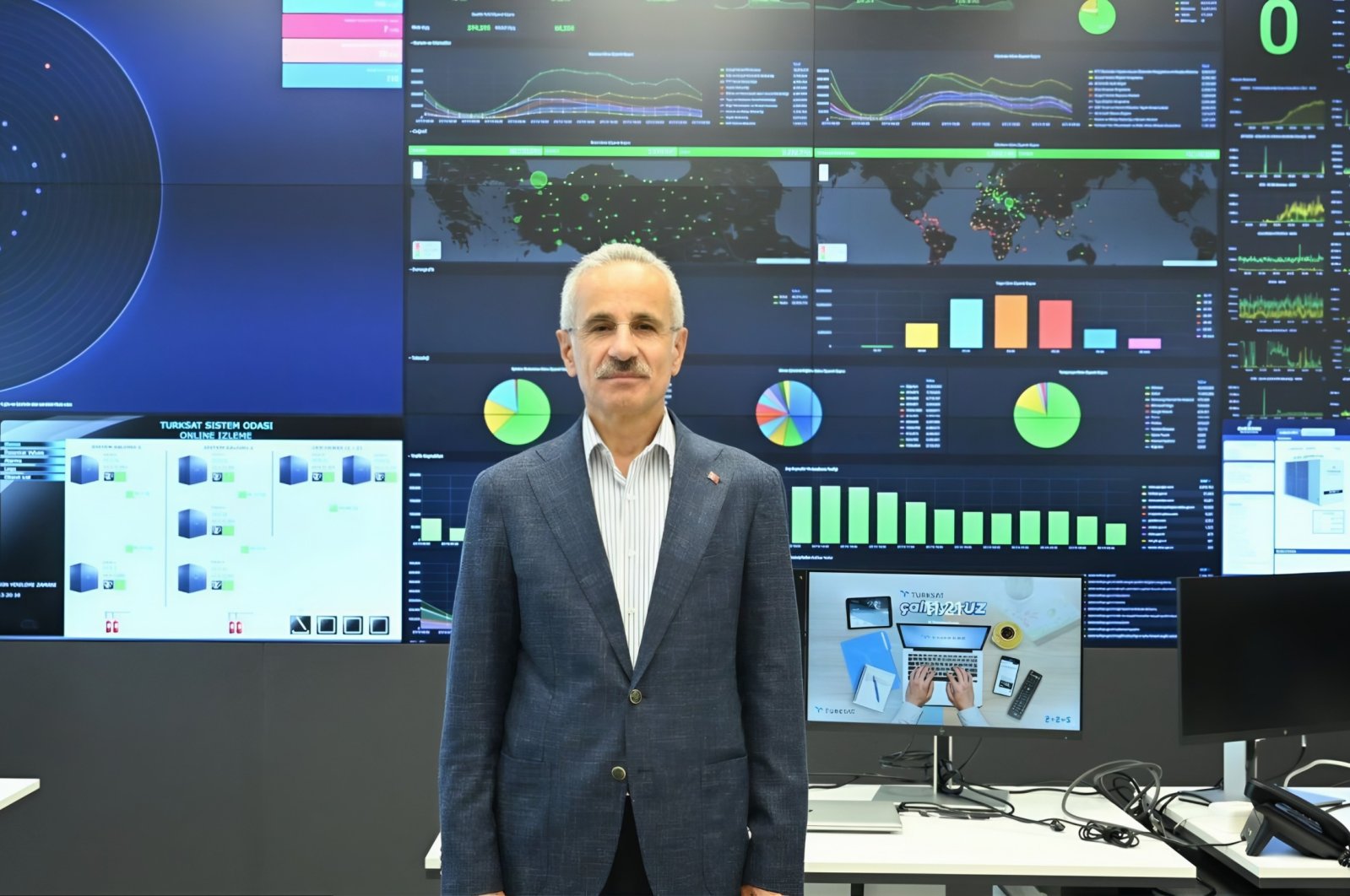 Transport and Infrastructure Minister Abdulkadir Uraloğlu is seen in front of a monitoring screen, Ankara, Türkiye, Dec. 12, 2024. (DHA Photo)