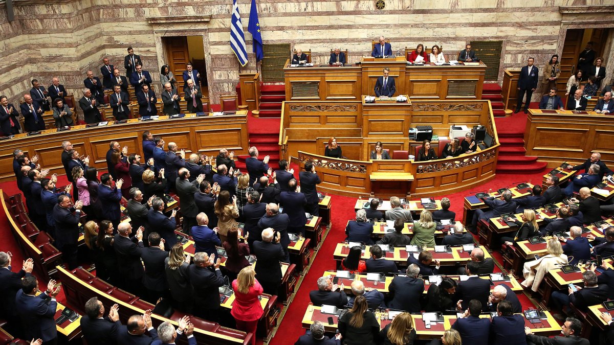 Greek Prime Minister Kyriakos Mitsotakis (C) delivers a speech during a Parliament debate prior to a vote on the 2025 state budget, Athens, Greece, Dec. 15, 2024. (EPA Photo)