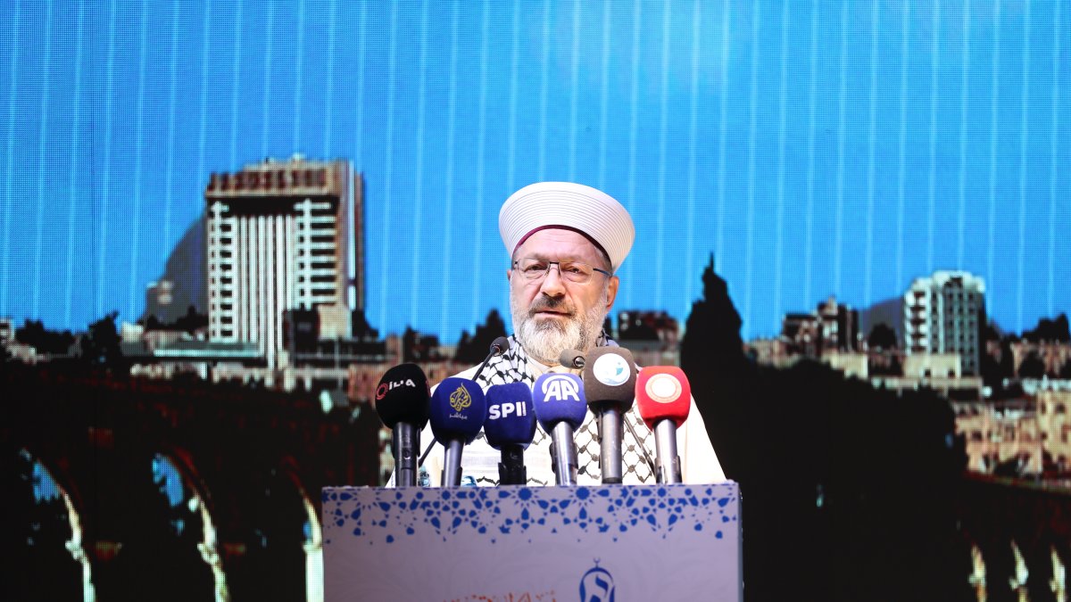 Ali Erbaş, president of the Presidency of Religious Affairs of Türkiye, delivers a speech during the event, Istanbul Türkiye, Dec. 14, 2024. (Courtesy of Guardians of Al-Aqsa Foundation)