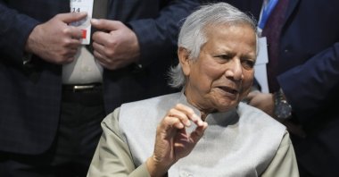 Muhammad Yunus, head of Bangladesh&#039;s interim government, speaks to media members at the COP29 U.N. Climate Summit, in Baku, Azerbaijan, Nov. 13, 2024. (AP Photo)