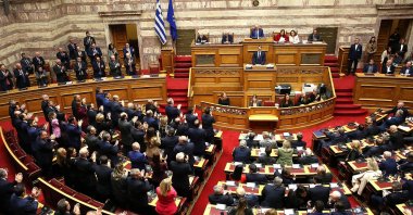 Greek Prime Minister Kyriakos Mitsotakis (C) delivers a speech during a Parliament debate prior to a vote on the 2025 state budget, Athens, Greece, Dec. 15, 2024. (EPA Photo)