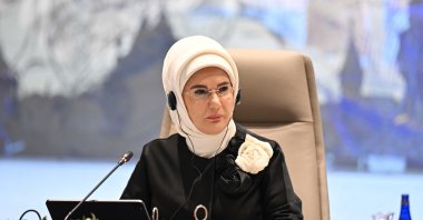 First lady Emine Erdoğan delivers a speech at the U.N. Zero Waste High-Level Advisory Board meeting, Istanbul, Türkiye, Dec. 13, 2024. (AA Photo)