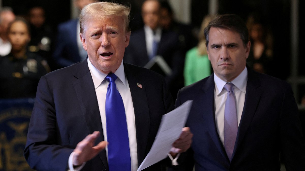 Former U.S. President Donald Trump, alongside his attorney Todd Blanche, speaks to the media as outside the Manhattan Criminal Court, New York City, U.S., May 30, 2024. (Reuters Photo)