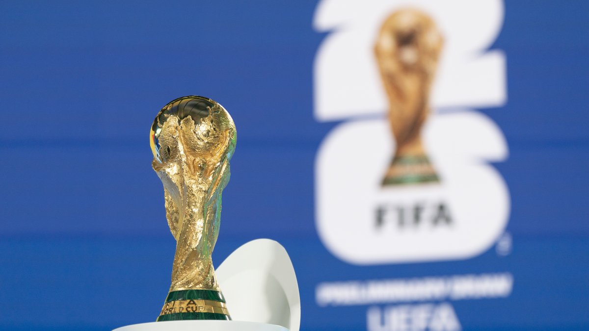 The FIFA World Cup is on display before the start of the UEFA Preliminary Draw for the FIFA World Cup 2026, at the FIFA headquarters, Zurich, Switzerland, Dec. 13, 2024. (EPA Photo)