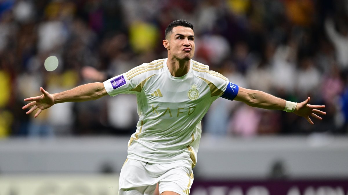 Al-Nassr&#039;s Cristiano Ronaldo celebrates after scoring during the AFC Champions League Group B match against Al-Gharafa at the Al Bayt Stadium, Doha, Qatar, Nov. 25, 2024. (AA Photo)