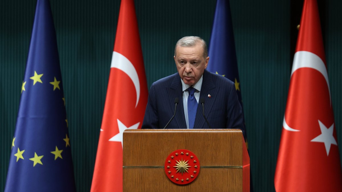 President Recep Tayyip Erdoğan speaks during a news conference with European Commission President Ursula von der Leyen after their meeting at the Presidential Palace, Ankara, Türkiye, Dec. 17, 2024. (EPA Photo)