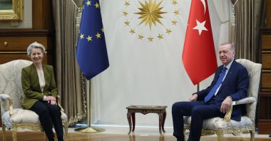 President Recep Tayyip Erdoğan (R) meets Ursula von der Leyen (L) at the Presidential Complex, in the capital Ankara, Türkiye, Dec. 17, 2024. (AA Photo)