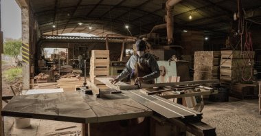 A worker cuts wood boards used in the production of furniture at a woodshop in Machagai, Chaco province, Argentina, Sept. 6, 2023. (Getty Images Photo)