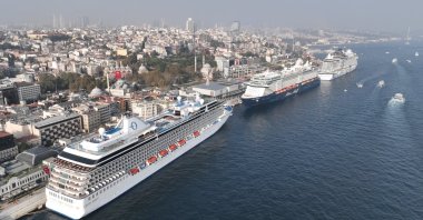 An aerial view of cruisers docked at Galataport, Istanbul, Türkiye, Nov. 1, 2023. (IHA Photo)