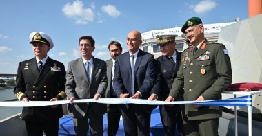 Greece&#039;s Defense Minister Nikos Dendias attends a ceremony to launch the second French frigate at a shipyard in Lorient, France, Sept. 19, 2024. (X photo: @NikosDendias)