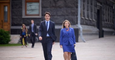 Prime Minister Justin Trudeau and Minister of Finance Chrystia Freeland arrive for a meeting with Ukraine&#039;s President Volodymyr Zelenskyy, in Kyiv, Ukraine June 10, 2023. (Ukrainian Presidential Press Service/Handout via Reuters)