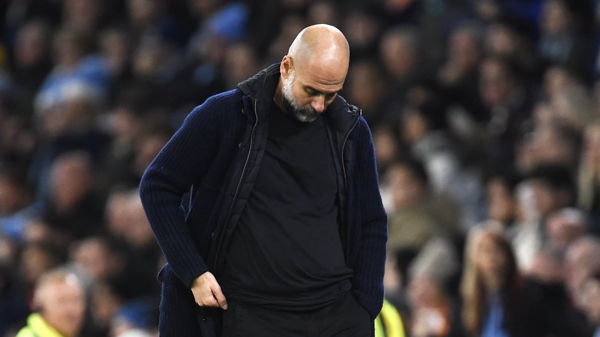 Manchester City&#039;s manager Pep Guardiola reacts after losing the English Premier League match between Manchester City and Manchester United, Manchester, U.K., Dec. 15, 2024. (EPA Photo)