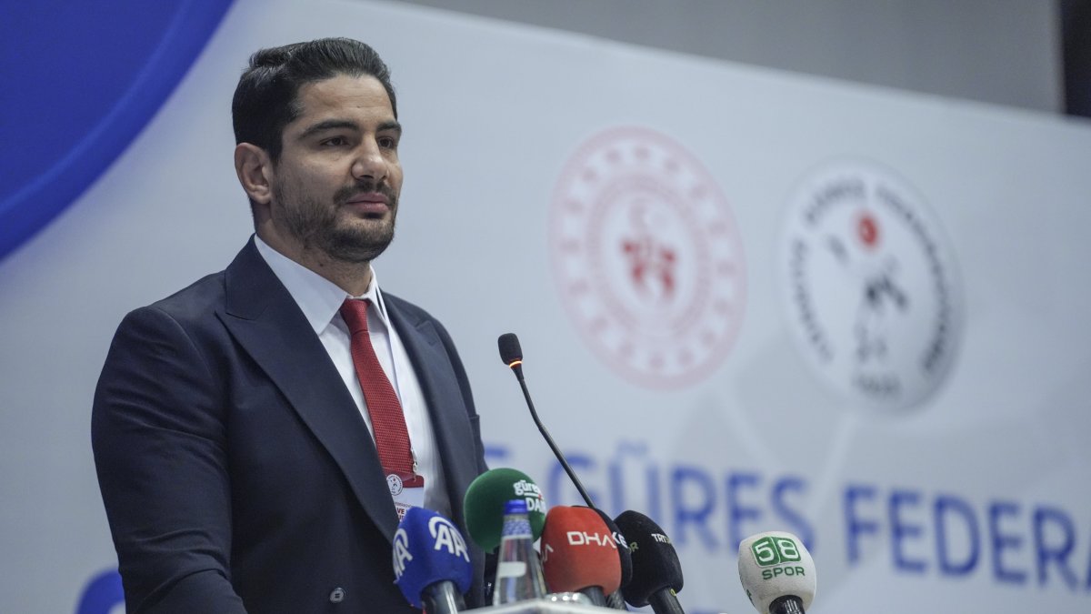 Newly elected Turkish Wrestling Federation President Taha Akgül speaks after winning the elections, Ankara, Türkiye, Dec. 18, 2024. (AA Photo)