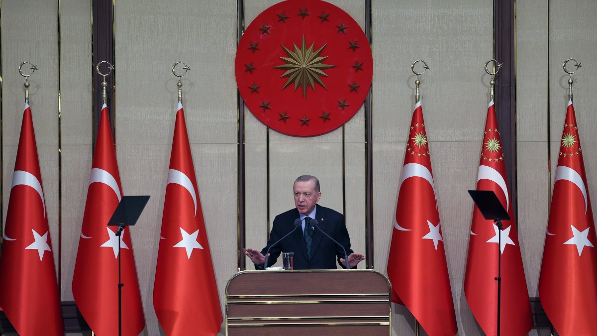 President Recep Tayyip Erdoğan speaks at an event, Ankara, Türkiye, Dec. 16, 2024. (DHA Photo)