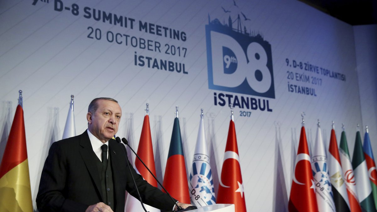 President Recep Tayyip Erdoğan speaks during the D-8 summit meeting in Istanbul, Türkiye, Oct. 20, 2017. (AP Photo)