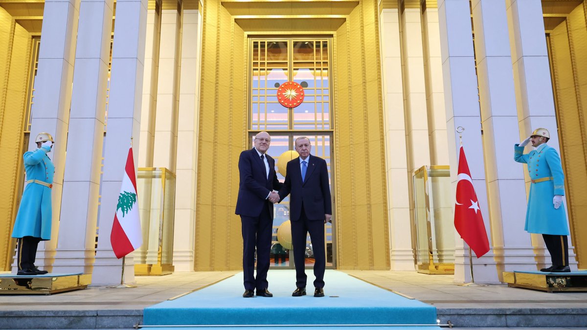 President Recep Tayyip Erdoğan and Lebanese Prime Minister Najib Mikati shake hands at the Presidential Complex, Ankara, Dec. 18, 2024. (AA Photo)