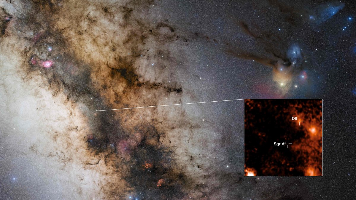 This handout image released on December 17, 2024 by the European Southern Observatory shows the location of the newly discovered binary star D9, which is orbiting Sagittarius A*, the supermassive black hole at the centre of our galaxy. (Photo by Handout / EUROPEAN SOUTHERN OBSERVATORY via AFP) 