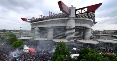 A general view as Inter Milan players celebrate winning the Serie A with fans during the bus parade outside the San Siro, Milan, Italy, April 28, 2024. (Reuters Photo)