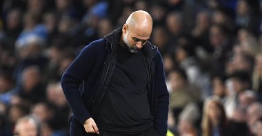 Manchester City&#039;s manager Pep Guardiola reacts after losing the English Premier League match between Manchester City and Manchester United, Manchester, U.K., Dec. 15, 2024. (EPA Photo)