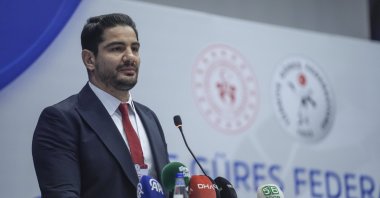 Newly elected Turkish Wrestling Federation President Taha Akgül speaks after winning the elections, Ankara, Türkiye, Dec. 18, 2024. (AA Photo)