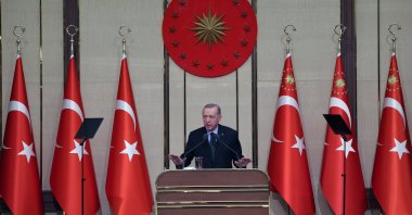 President Recep Tayyip Erdoğan speaks at an event, Ankara, Türkiye, Dec. 16, 2024. (DHA Photo)