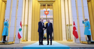 President Recep Tayyip Erdoğan and Lebanese Prime Minister Najib Mikati shake hands at the Presidential Complex, Ankara, Dec. 18, 2024. (AA Photo)