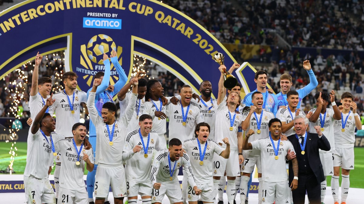 Real Madrid players celebrate after beating Pachuca to win the Intercontinental Cup at the Lusail Stadium, Lusail, Qatar, Dec. 18, 2024. (Reuters Photo)