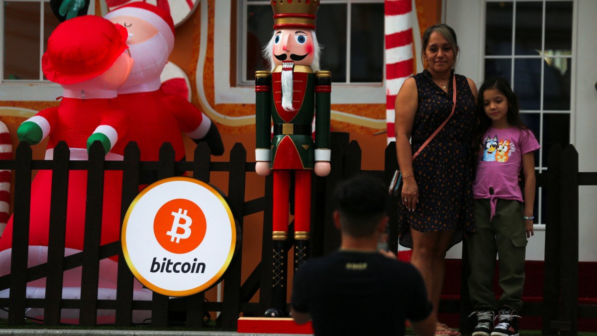 People pose for a picture near Christmas season decorations with a sign displaying the Bitcoin logo in San Salvador, El Salvador, Dec. 9, 2024. (Reuters Photo)