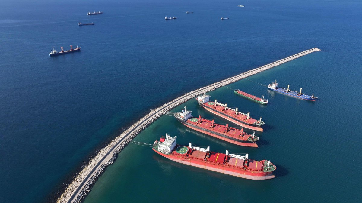 An aerial view shows container ships anchored off the coast of the western port city of Tartus, Syria, Dec. 18, 2024. (AFP Photo)