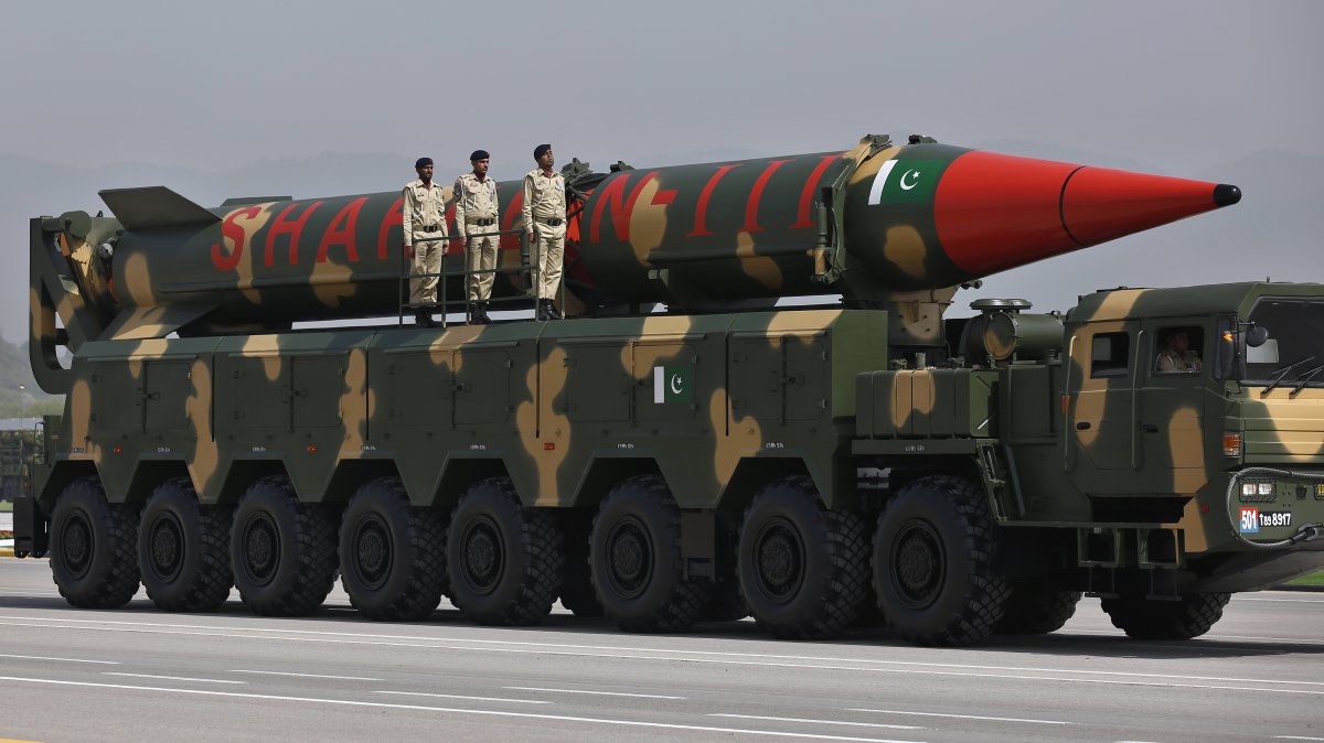 A nuclear-capable Pakistani Shaheen-III missile is carried on a trailer during a military parade in Islamabad, Pakistan, March 25, 2021. (AP Photo)