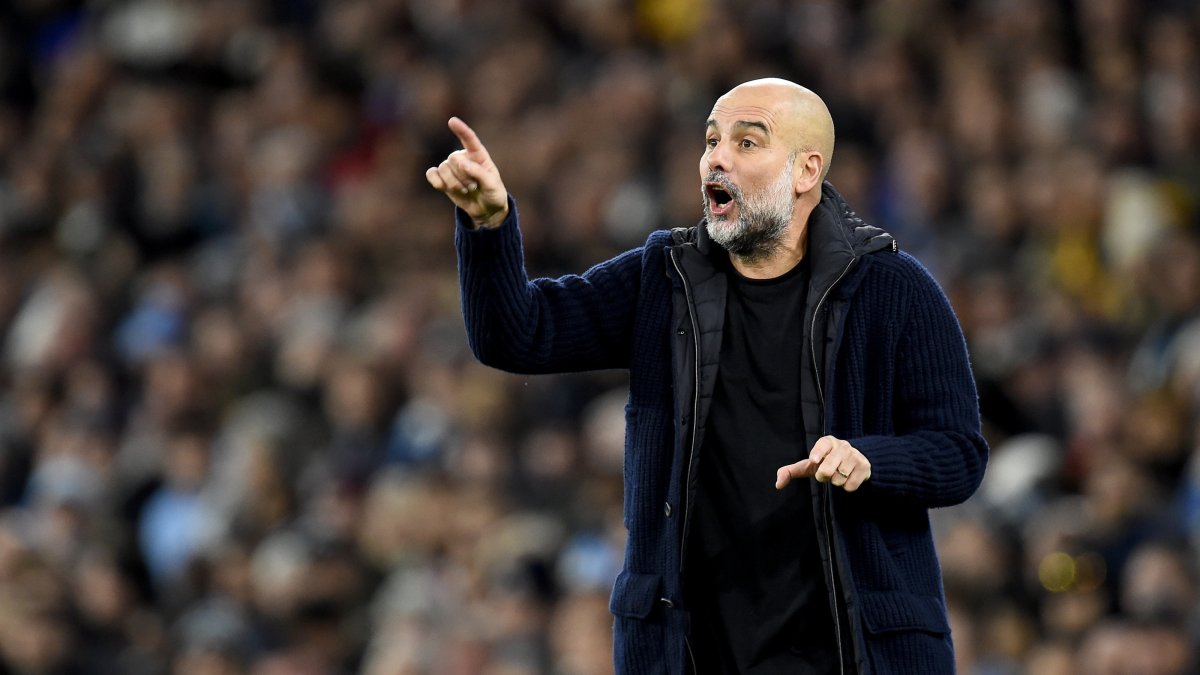 Manchester City&#039;s manager Pep Guardiola reacts during the English Premier League match between Manchester City and Manchester United, Manchester, U.K., Dec. 15, 2024. (EPA Photo)