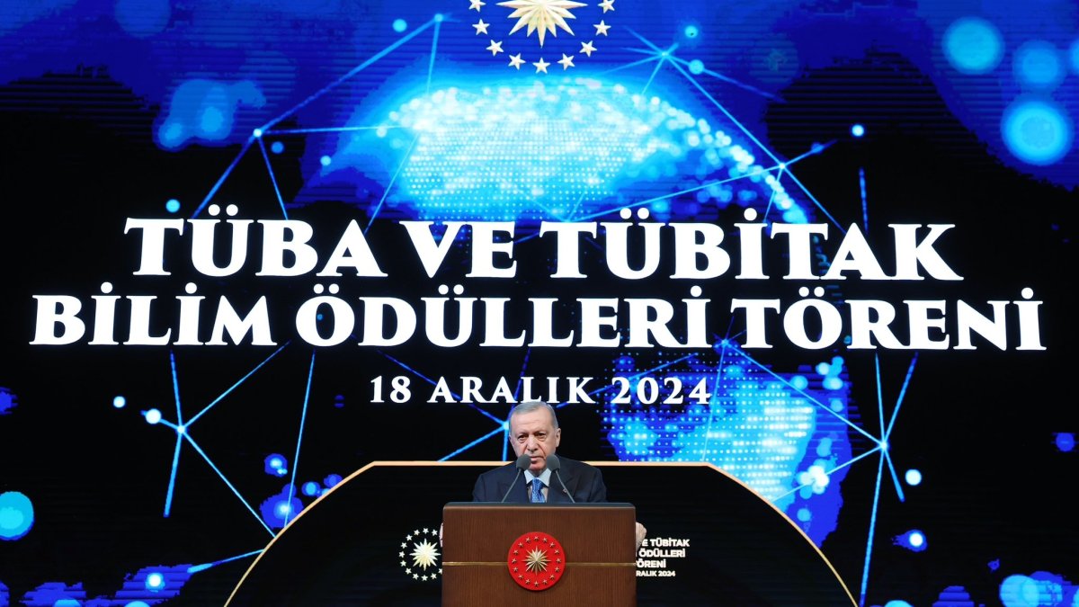 President Recep Tayyip Erdoğan delivers a speech at the Turkish Academy of Sciences (TUBA) and Scientific and Technological Research Council of Türkiye (TÜBITAK) Science Awards Ceremony, Ankara, Türkiye, Dec. 18, 2024. (DHA Photo)