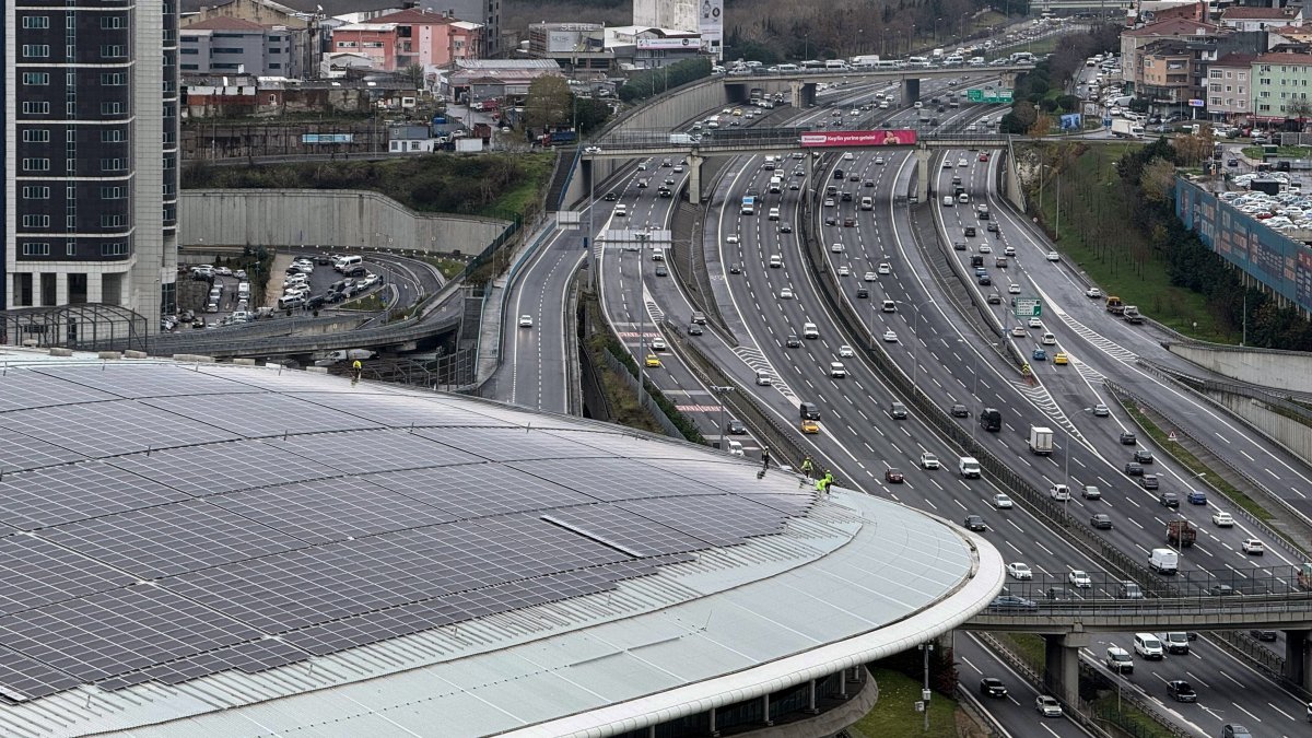 An aerial view of solar panels installed on the stadium of the Turkish football club Galatasaray, Istanbul, Türkiye, Dec. 3, 2024. (IHA Photo)