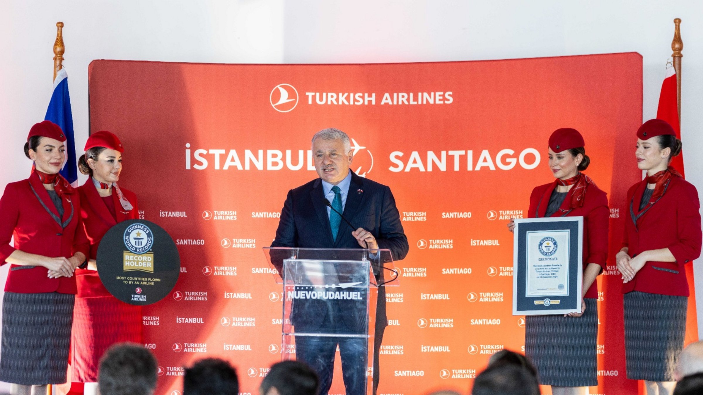 Turkish Airlines CEO Bilal Ekşi holds a speech after receiving Guinness World Record award in Santiago, Chile, Dec. 19, 2024. (AA Photo)