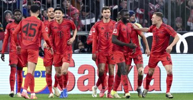 Bayern Munich players celebrate after a goal during the German Bundesliga match between Bayern Munich and 1. FC Heidenheim 1846, Munich, Germany, Dec. 7, 2024. (AP Photo)