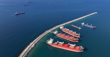 An aerial view shows container ships anchored off the coast of the western port city of Tartus, Syria, Dec. 18, 2024. (AFP Photo)