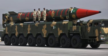 A nuclear-capable Pakistani Shaheen-III missile is carried on a trailer during a military parade in Islamabad, Pakistan, March 25, 2021. (AP Photo)
