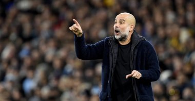 Manchester City's manager Pep Guardiola reacts during the English Premier League match between Manchester City and Manchester United, Manchester, U.K., Dec. 15, 2024. (EPA Photo)