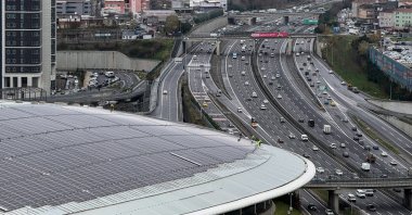 An aerial view of solar panels installed on the stadium of the Turkish football club Galatasaray, Istanbul, Türkiye, Dec. 3, 2024. (IHA Photo)